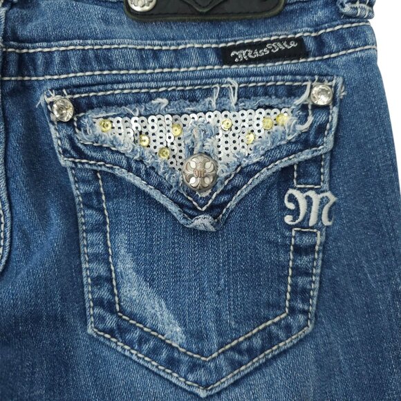 Miss Me Boot Cut Jeans READ Womens 26 Flap Pockets Low Rise Distressed Denim - Picture 10 of 16